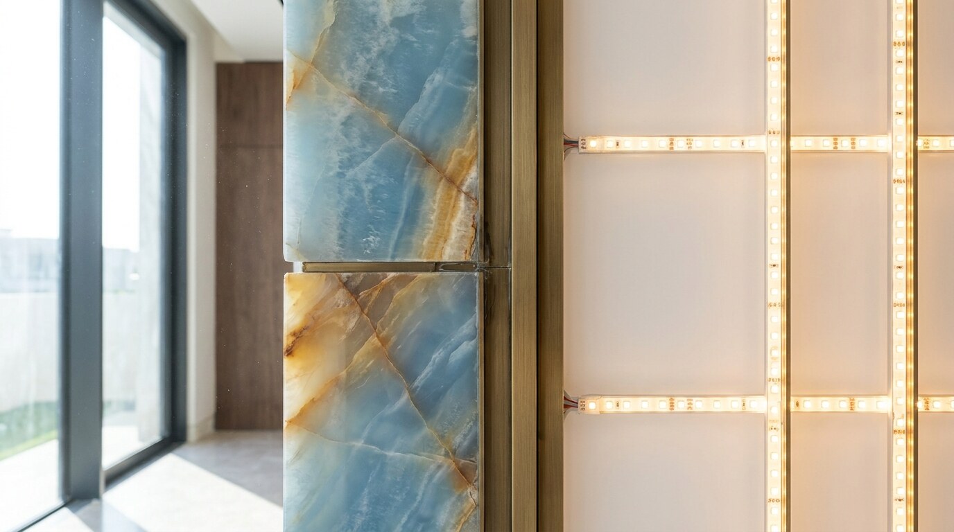 Backlit Onyx in Dubai Luxury Interiors: Where Translucent Stone Works and Fails visual reference 2 showing macro construction detail of translucent onyx panel with diffuser, LED grid, and metal frame