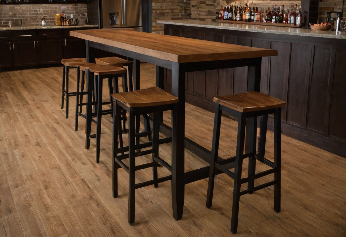 How do 30-inch and 42-inch bar table and stool configurations impact floor area and egress